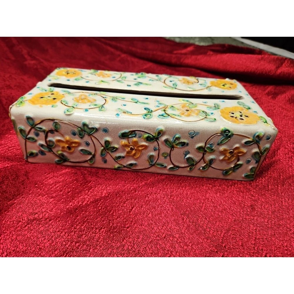 Vintage Italy MAJOLICA Tissue Box Holder Porcelain MCM Italian HIGHโ RELIEF